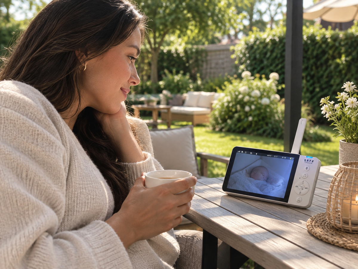 Mama in de tuin met het scherm van de SafeDream babyfoon naast zich