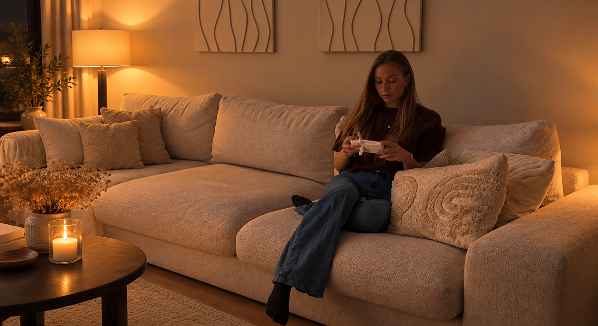 Mama ontspant in de zetel met de SafeDream monitor naast zich
